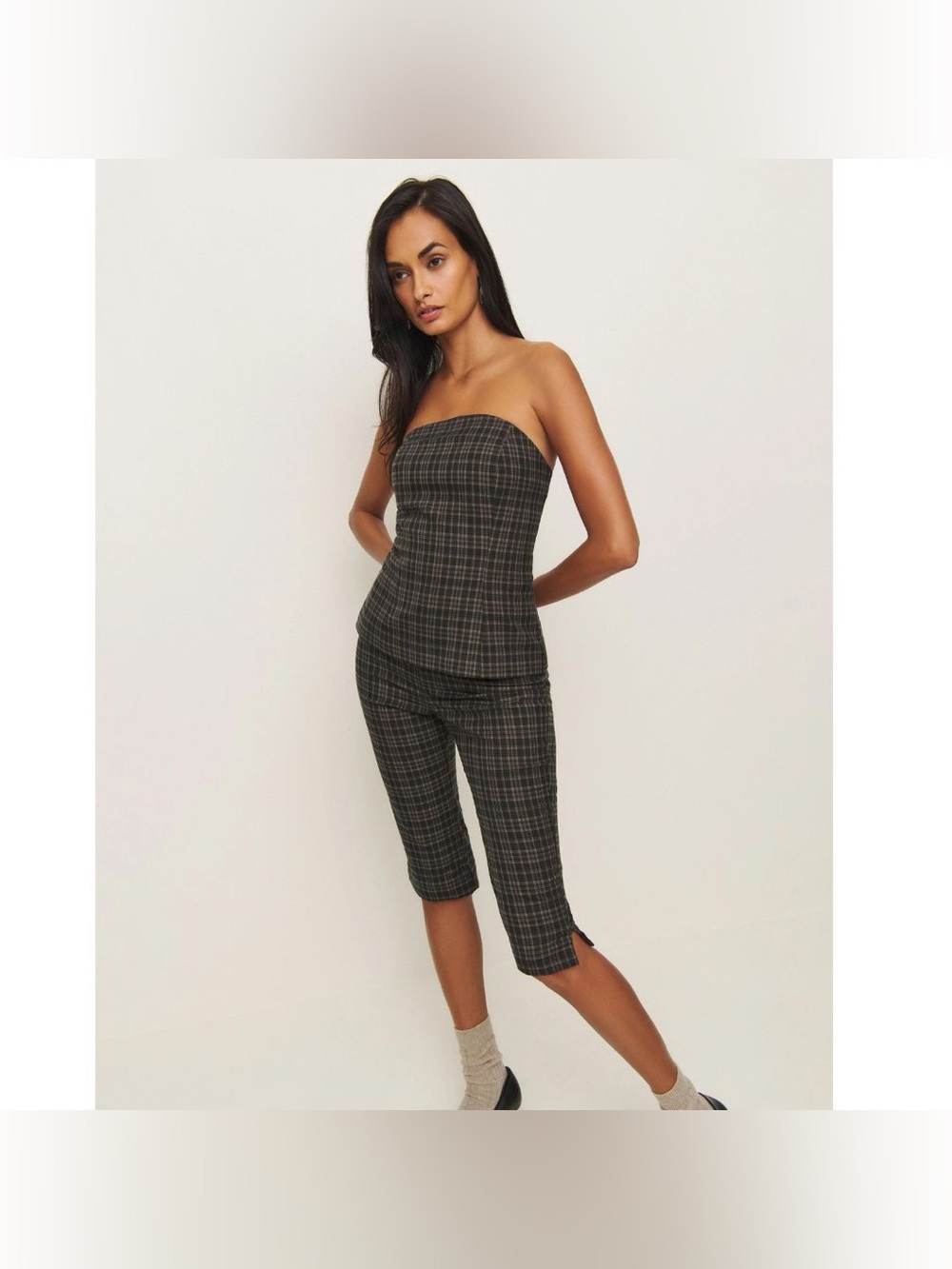 Reformation Steeplechase Set Plaid Strapless Set in Taupe Check